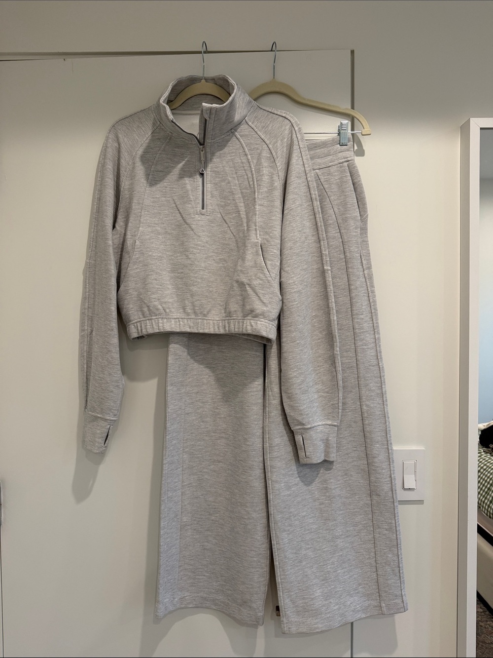 Lululemon Waffle Gray Two-Piece Loungewear Set Cozy Quarter-Zip Top & Wide Pants